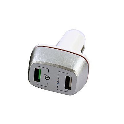 Rýchlonabíjací (QC 3.0) autoadaptér s 2 USB portami a LED prúžkom, biela farba (CLA0283)