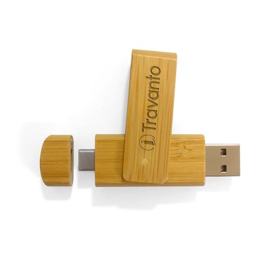 BAMBUSOVÝ OTOČNÝ USB FLASH DISK S KONEKTORMI USB-C (Type-C) A USB-A