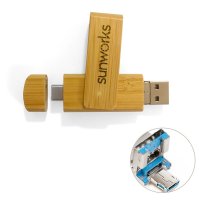 BAMBUSOVÝ OTOČNÝ USB 3.0 FLASH DISK S KONEKTORMI TYPE-C A NASTAVITEĽNÝM USB A / MICRO USB