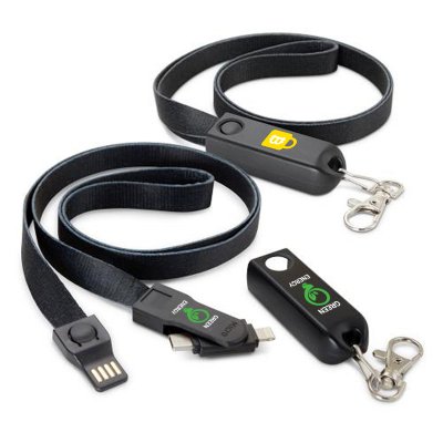 3 v 1 napájací kábel v šnúrke na krk (lanyard), konektory Lightning, USB-C (Type-C), micro USB
