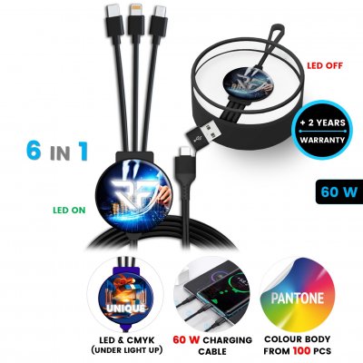 60 W nabíjací USB kábel 6 v 1 CHARGLO, s CMYK a LED logom a možnosťou vlastnej farby, v luxusnej krabičke