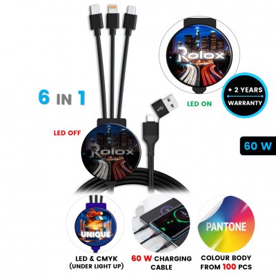 60 W nabíjací USB kábel 6 v 1 CHARGLO, s CMYK a LED logom a možnosťou vlastnej farby