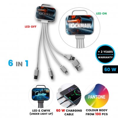 60 W nabíjací USB kábel 6 v 1 SQUARO, s CMYK + LED logom