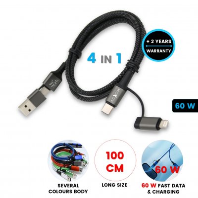 60 W dátový a nabíjací USB kábel 4 v 1 NEXCORD,  čierna farba (ACC193)