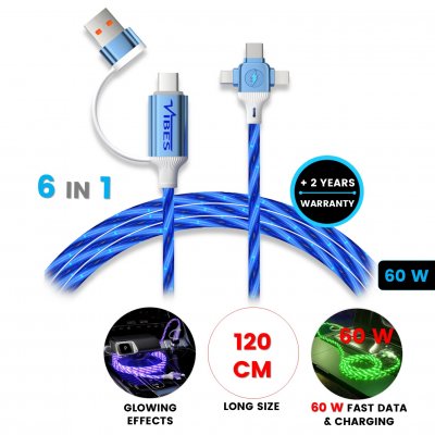 Svietiaci dátový a nabíjací USB kábel 6 v 1 LUMIO