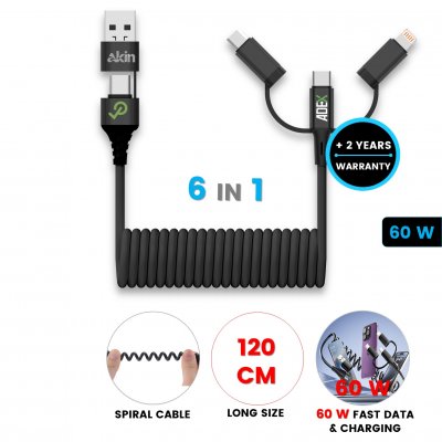 60 W dátový a nabíjací USB kábel 6 v 1 SPIRAL
