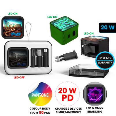 Cestovný adaptér do zásuvky, USB-C (PD 20 W) + USB-A, CMYK + LED logo