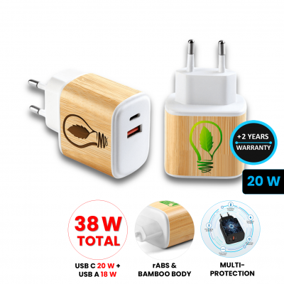 Bambusový USB-adaptér do EÚ zásuvky,USB-C + USB-A,  biela farba (CLA1044)