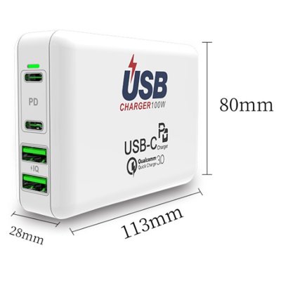 PD 100 W nabíjací adaptér, 2 × USB-A, 2 × USB-C