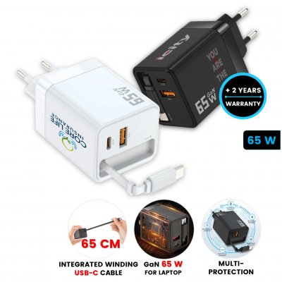 65 W USB adaptér do EU zásuvky UNICORD, s integrovaným USB-C káblom + USB-A a USB-C