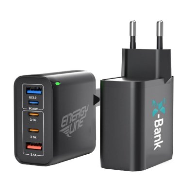 45 W (total) USB adaptér do EU zásuvky, 3 × USB-C (PD 30 W) + USB-A (QC 20 W)