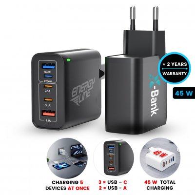 45 W (total) USB adaptér do EU zásuvky, 3 × USB-C (PD 30 W) + USB-A (QC 20 W)