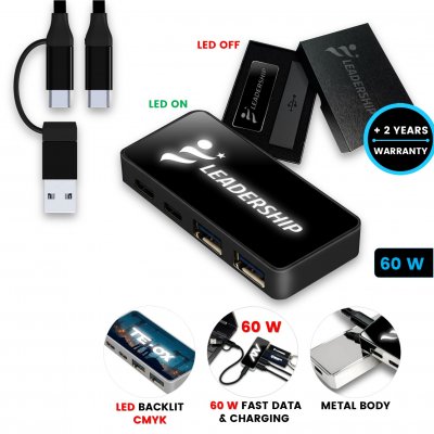 Dátový a nabíjací USB hub s možnosťou LED loga a CMYK, USB-A a USB-C, v darčekovej krabičke