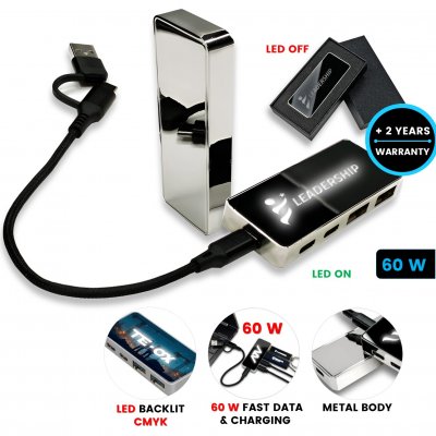Dátový a nabíjací USB 3.0 hub s možnosťou LED loga a CMYK, USB-A a USB-C, v darčekovej krabičke