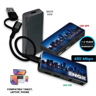 Dátový a nabíjací USB hub s možnosťou LED loga a CMYK, USB-A a USB-C, v darčekovej krabičke