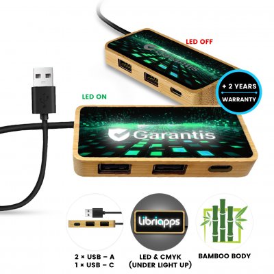 Dátový a napájací USB hub s LED logom + CMYK