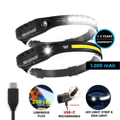 Čelovka s LED svetelným pásikom a bočným svetlom, s USB-C nabíjaním