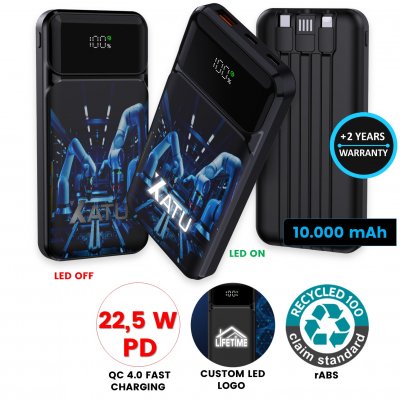 10000 mAh - powerbanka so vstavanými káblami a LED displejom, QC 22,5 W, rABS (RCS)