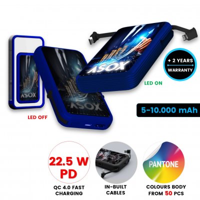 5000–10000 mAh – Powerbanka s QC 22,5 W, LED logom, CMYK, vo vlastných farbách