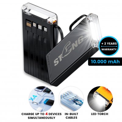10000 mAh – Powerbanka s vstavanými káblami a silným LED svetlom - LONG