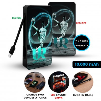 10000 mAh – powerbanka BRIGHTA, s LED logom (+CMYK) a vstavaným USB-C káblom