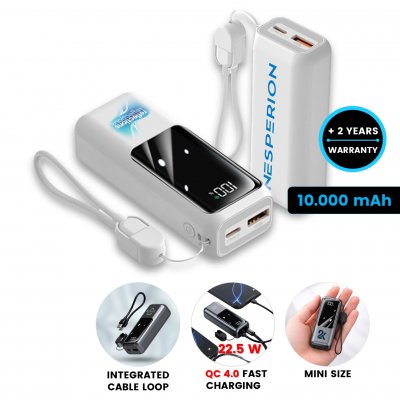 10000 mAh – powerbanka VOLTORA, s QC 22,5 W, displejom a vstavaným káblom v pútku