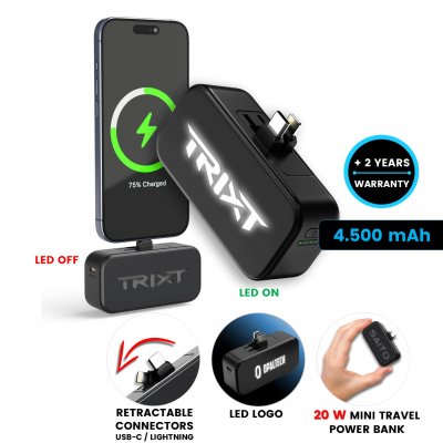 4500mAh pripojiteľná powerbanka KONNEX s výsuvnými konektormi USB-C a Lightning, PD 20 W a LED logom