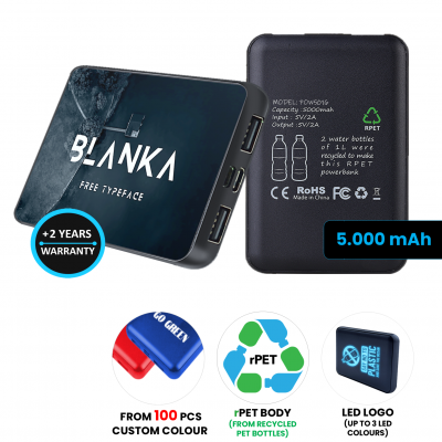 Duálna powerbanka z recyklovaného PET plastu, s LED logom, 5 000 mAh