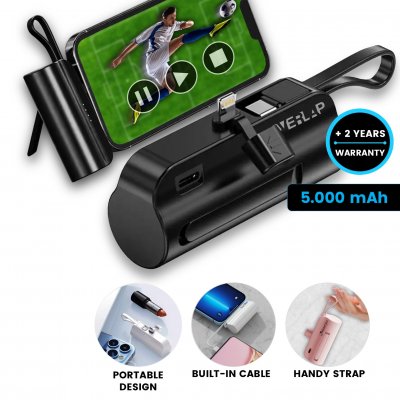 5000 mAh – mini pripájateľná powerbanka s konektormi USB-C a Lightning a vstavaným káblom