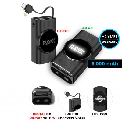 9000mAh powerbanka FLEXLIT s výsuvným káblom a LED logom, PD 20 W a QC 22,5 W