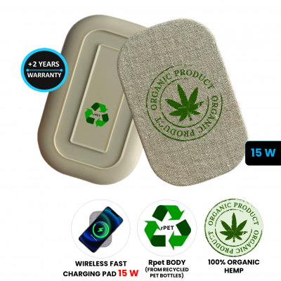 15 W bezdrôtová nabíjacia podložka z rPET (recyklovaný PET plast) a konope