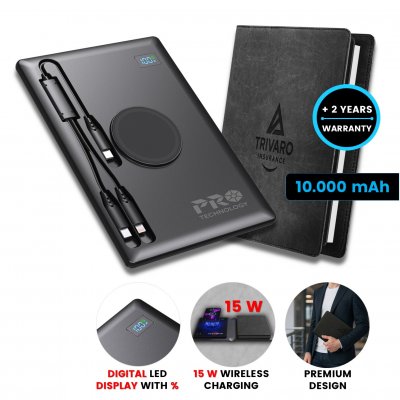 10000mAh magnetická power banka NEXON, v doskách so zápisníkom, s 15 W bezdrôtovým nabíjaním a PD 20 W