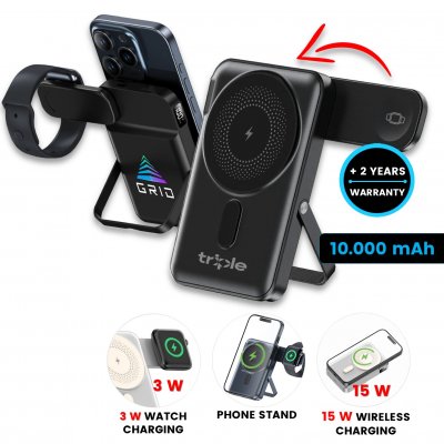10000mAh magnetická power banka GRAVON, s 15 W bezdrôtovým nabíjaním, výklopnou nabíjačkou hodiniek a stojanom