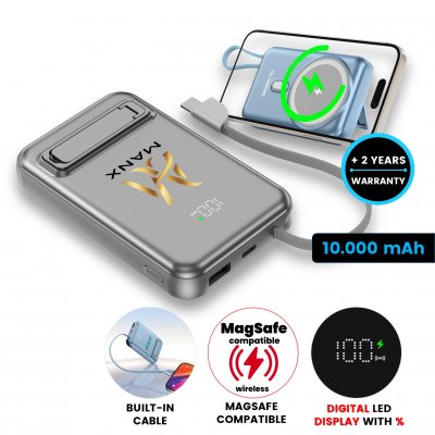 10000 mAh – magnetická powerbanka s 15 W bezdrôtovým nabíjaním, QC 22,5 W a vstavaným káblom