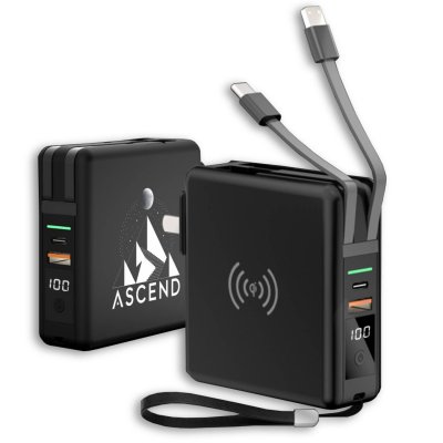 10000 mAh – powerbanka / adaptér do zásuvky, s 15 W bezdrôtovým nabíjaním a vstavanými káblami