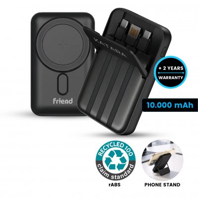 10000 mAh – magnetická powerbanka s 15 W bezdrôtovým nabíjaním, QC 22,5 W a vstavanými káblami, rABS