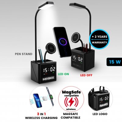 Stolová lampa NEOLITE s 15 W bezdrôtovým nabíjaním, hodinami a LED logom