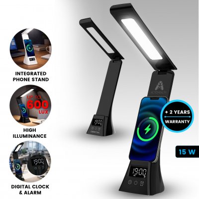 Stolná lampa s 15 W bezdrôtovým nabíjaním, hodinami s budíkom, stojan na telefón