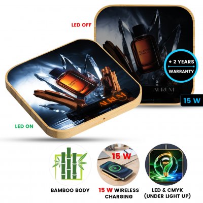 15 W bambusová bezdrôtová rýchlonabíjacia podložka s CMYK + LED logom