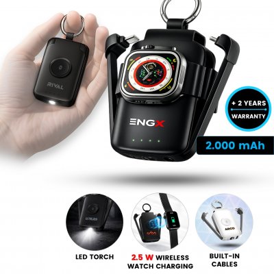 Pohotovostná powerbanka na kľúče CHARGEGO, so vstavanými káblami, LED svietidlom a nabíjačkou na Apple Watch