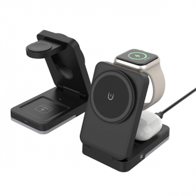 15 W multifunkčná skladacia magnetická bezdrôtová nabíjačka a stojan FOLDEX (3 v 1),  čierna farba (PBQ201)