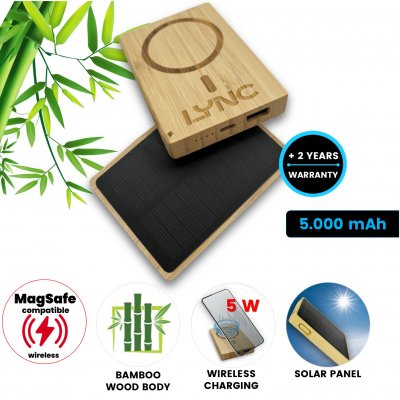 5000 mAh - Bambusová magnetická powerbanka s bezdrôtovým nabíjaním a solárnym panelom