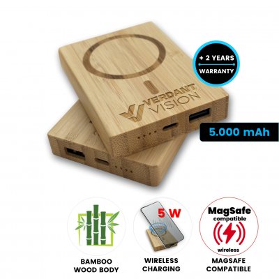 5000 mAh - Bambusová magnetická powerbanka s bezdrôtovým nabíjaním