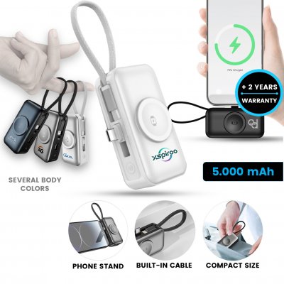 5000 mAh – pripájateľná powerbanka so vstavaným káblom, PD 20 W a nabíjaním pre Apple Watch