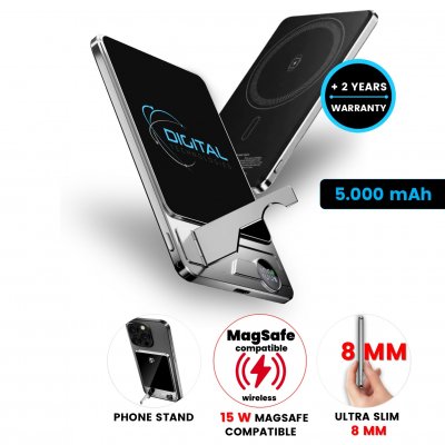 5000 mAh ultratenká magnetická kovová powerbanka QUANTUM 3 v 1 s 15 W bezdrôtovým nabíjaním a PD 20 W