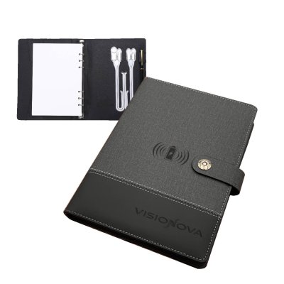 8000 mAh – powerbanka v doskách so zápisníkom, s bezdrôtovým nabíjaním a vstavanými káblami