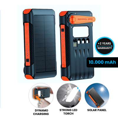 Solárna powerbanka s dynamom, all-in-1
vstavanými káblami a LED svietidlom, 10000 mAh