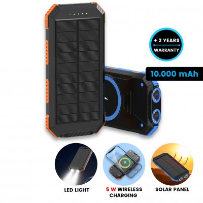 Solárna powerbanka s LED svietidlom a bezdrôtovým nabíjaním, 10000 mAh