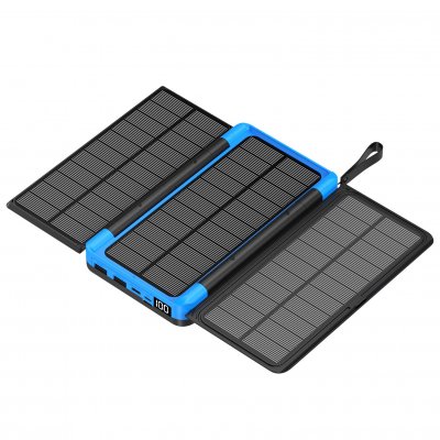Rozkladacia solárna powerbanka s 3 panelmi, LED svietidlom a bezdrôtovým nabíjaním, 20000 mAh, modrá farba (PBS20001)
