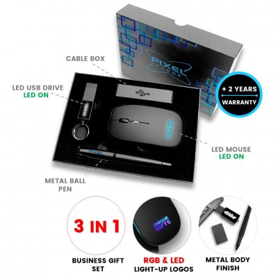 Darčeková sada s LED logom, USB kľúčom, myšou a perom